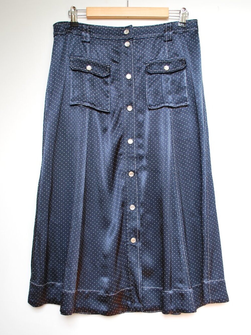 Ganni Satin Polka Dot Snap Front A Line Midi Skirt | Navy Blue | EU 40
